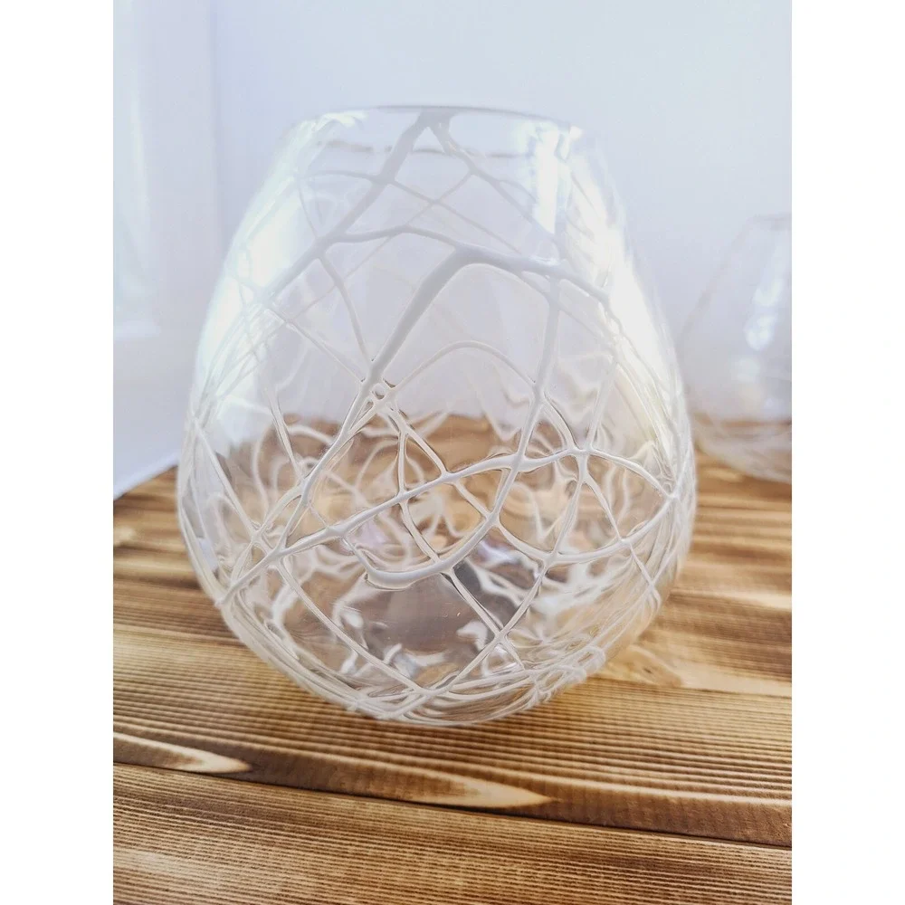 Set of 2 Lg Hand Blown Glass White Spaghetti Drizzle Votive Candle‎ Holder 6